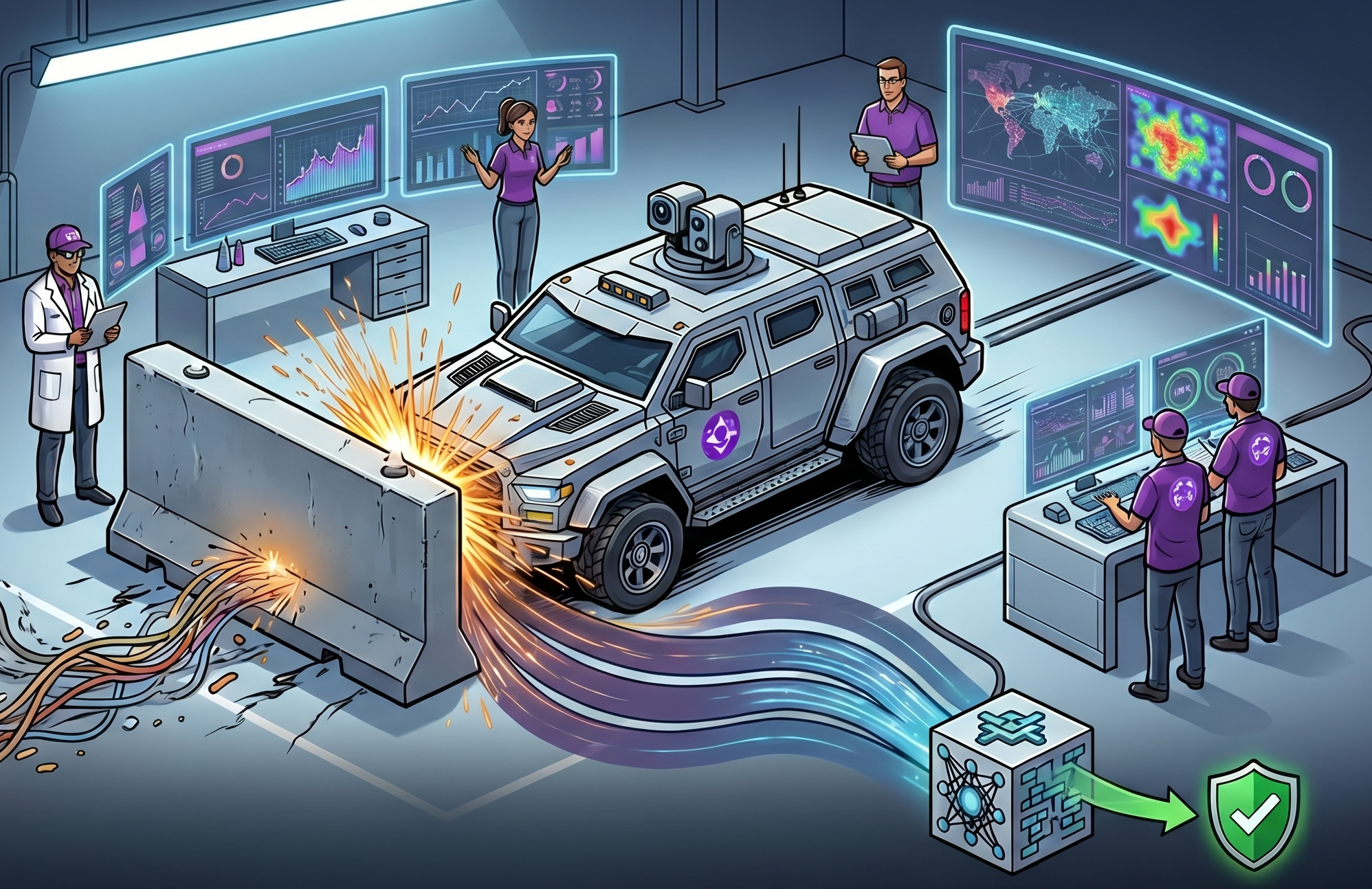 Illustration of a SOC lab styled as a crash-test facility: an armored vehicle hits a barrier surrounded by analysts, dashboards, and a neural-network module feeding into a shield.